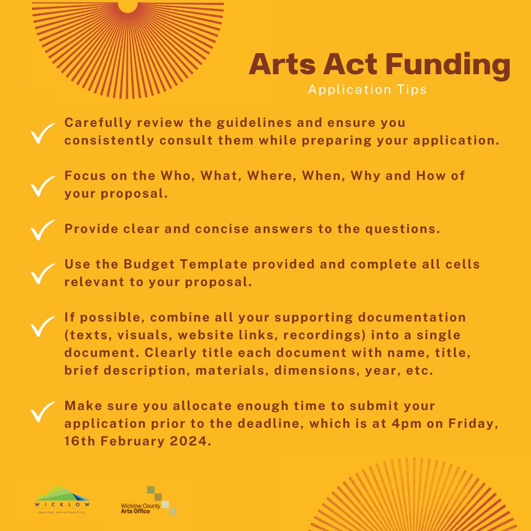 The deadline to apply for our annual Arts Act Funding Scheme is this Friday 16th February 2024 at 4pm. Find more tips, common pitfall and how to apply here [Website]: wicklow.ie/Living/Service… @wicklowcoco @wicklowlibs @artscoucnil_ie @creativeirl