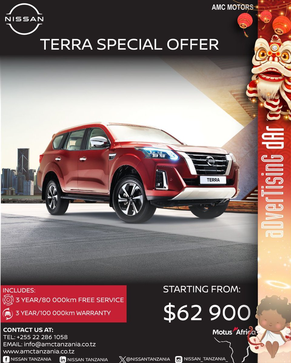 advertisingdar's tweet image. 😯👉🏾 The new ✨𝐍𝐈𝐒𝐒𝐀𝐍 𝐓𝐄𝐑𝐑𝐀!✨ Grab this unbeatable offer @nissan_tanzania_,  a stellar price that comes bundled 𝘄𝗶𝘁𝗵 𝟯 𝘆𝗲𝗮𝗿𝘀 𝗼𝗳 𝗳𝗿𝗲𝗲 𝘀𝗲𝗿𝘃𝗶𝗰𝗲 𝗮𝗻𝗱 𝘄𝗮𝗿𝗿𝗮𝗻𝘁𝘆. 🚗💨
#cargarage #nissanurvan #cars #nissanmvitara #magaritz