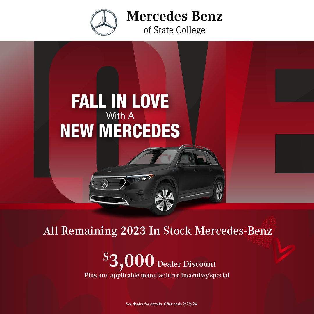 MBstatecollege's tweet photo. Fall in love with a New Mercedes at Mercedes-Benz of State College! 

Check out our full inventory at https://t.co/qjwt6gvU65!

#cioccaonsocial #mercedes #benz #statecollege #valentines https://t.co/7NAS7QhxYL