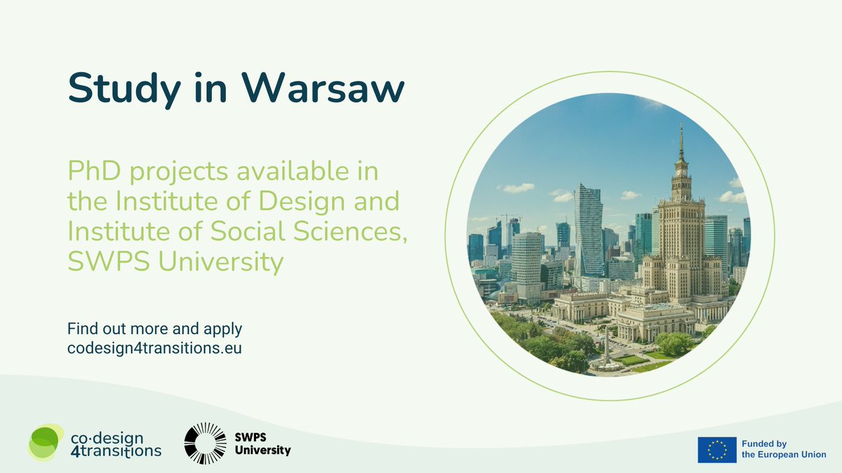 Study in #Warsaw! We have two #PhDJobs available at @SWPSUniversity, the first private university in #Poland.
👉 codesign4transitions.eu/position/DC7/
👉 codesign4transitions.eu/position/DC8/
#CoDesign4Transitions @MSCActions #HorizonEurope #MSCA #DoctoralNetworks #warszawa #polandjobs #warsawjobs