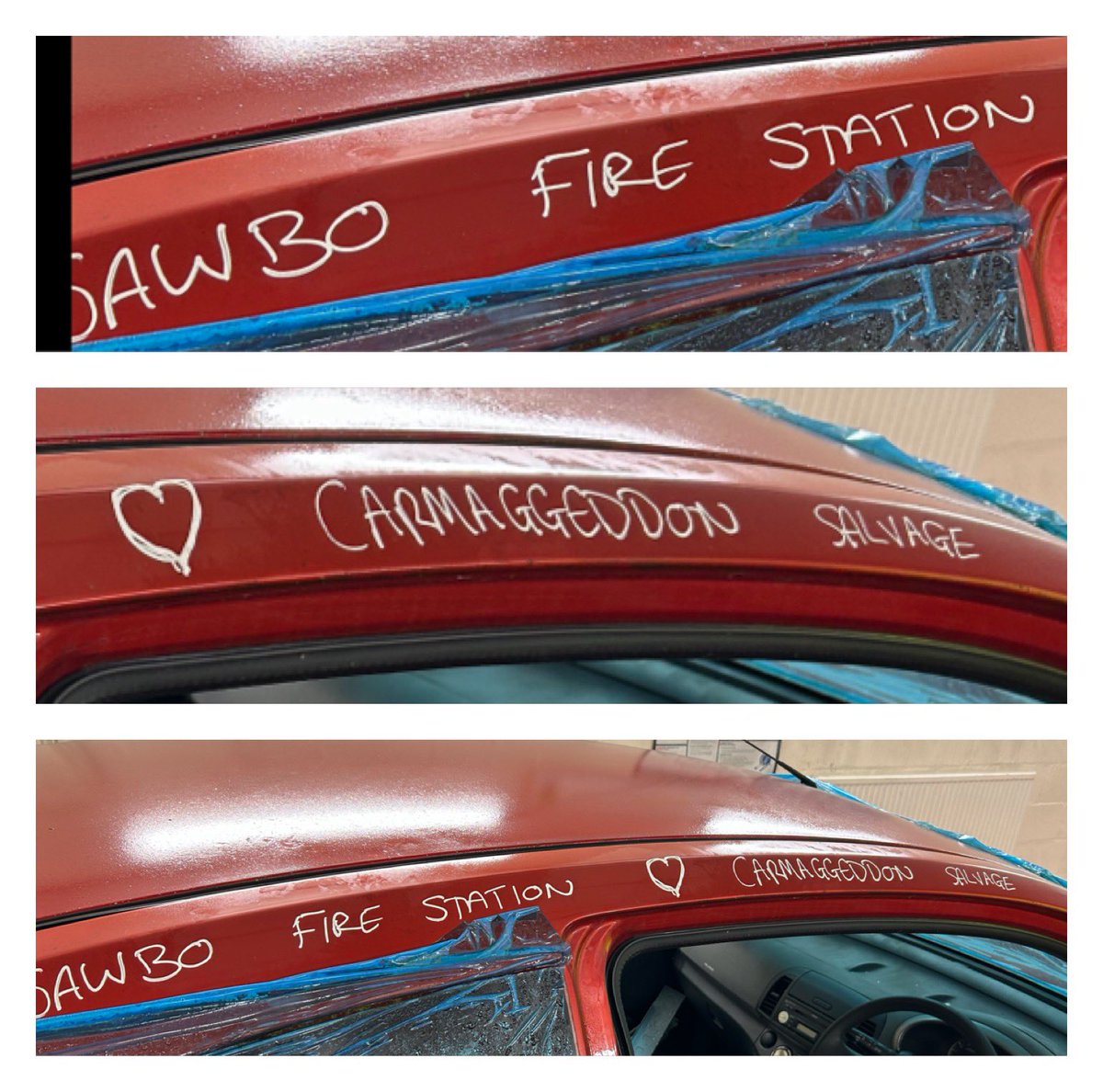 Sawbo_Fire_C27's tweet photo. It’s nice on Valentine’s Day when you do a RTC skills session and find a message of love on the car from @carmaggeddon_salvage who kindly donated the car to us #valentinesmessage #rtctraining #valentinesday #messageoflove https://t.co/scz3xRnlC8