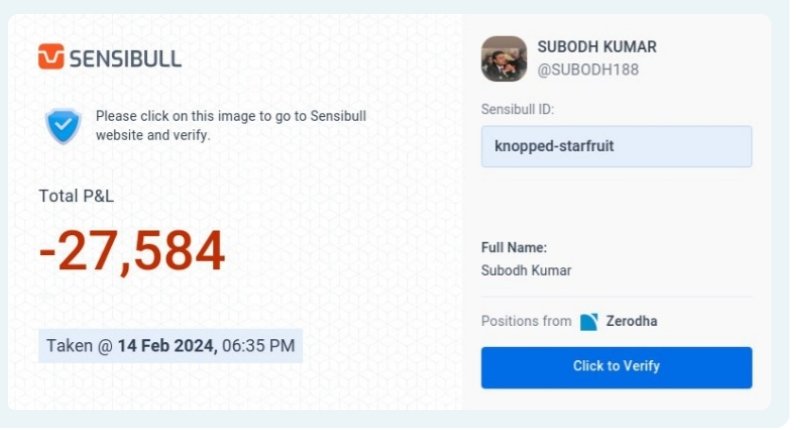 SUBODH188's tweet photo. Intraday Loss= -28.8 K
ROI= -2.40 %

Employed Capital: 12 L

Final Month (February) P&amp;L= -60.9 K
Final Month (February) ROI= -5.07 %

#verifiedbysensibull

https://t.co/sdvdJbxzIR https://t.co/hMxHSajegL
