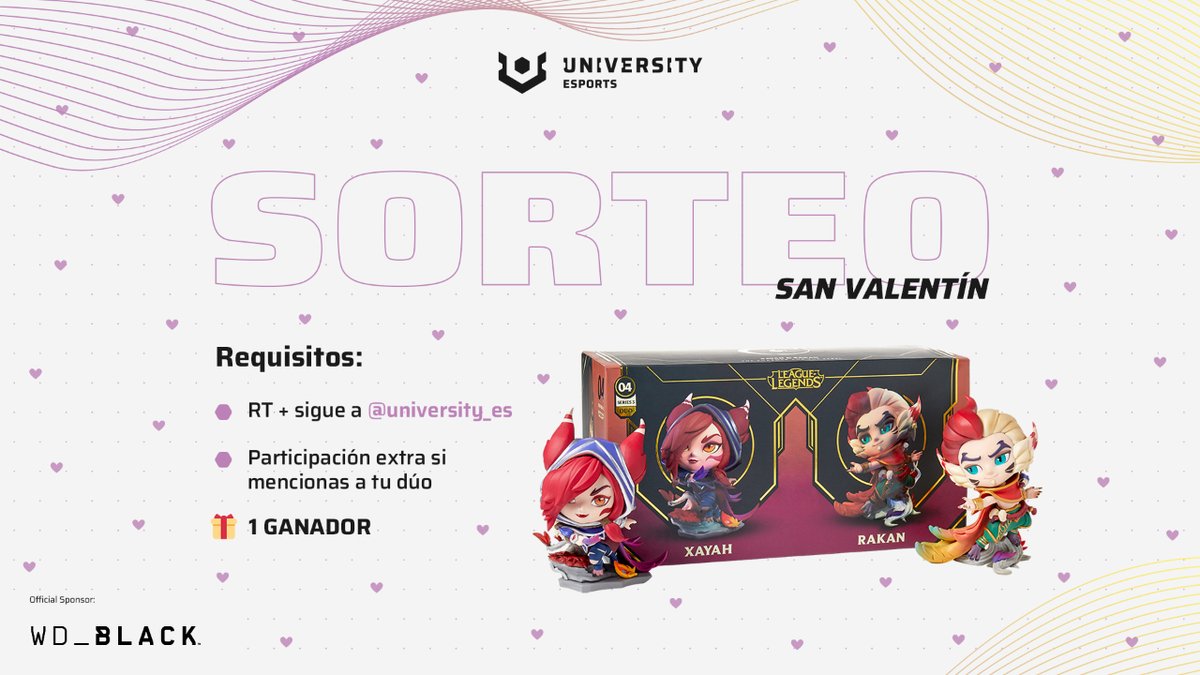 💝 SORTEO SAN VALENTÍN 

Seas e-dater o no, llévate un pack DÚO de Xayah y Rakan

▶️ RT y sigue a <a href="/University_ES/">UNIVERSITY Esports Spain 🇪🇸</a>
▶️ Participación extra si mencionas a tu dúo

🍀 Anunciamos ganador el 23 de febrero