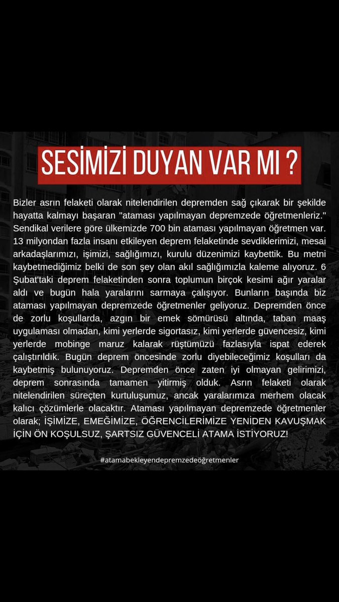 AvcuSedat's tweet photo. @memetsimsek @Tuba57193324319 Sayın bakanım biz depremzede öğretmenler olarak evimizi,işimizi ve öğrencilerimizi kaybettik maddi,manevi ve psikolojik büyük sıkıntılar yaşıyoruz lütfen sesimizi duyun ŞARTSIZ ve KOŞULSUZ atama bekliyoruz @RTErdogan @Yusuf__Tekin @OA_BAK @memetsimsek https://t.co/pfLVxGa7tg