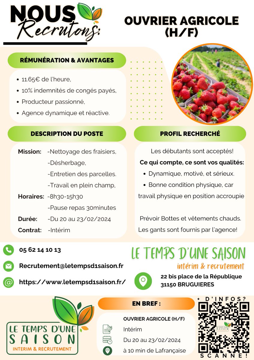 KolvenInterim's tweet photo. #offre d'#emploi #interim à côté de Lafrançaise (dépt 82)
#ouvrier #agricole (H/F)
Tous les renseignements sont dans l'image, vous pouvez postuler via le QR Code (ou par mail ou par téléphone) https://t.co/XCKiqVPIm8