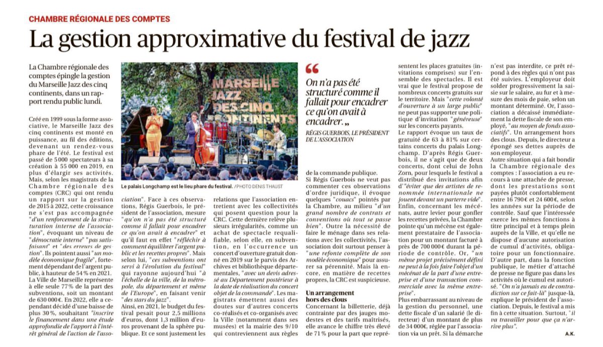 #Marseille #Jazz #chambreregionaledescomptes, <a href="/laprovence/">La Provence</a> « #Couacs, politique généreuse d’invitation, gratuités de 63 à 81%, doutes sur des concerts co-réalisés avec ville&amp;mairie 9/10 qui contreviennent aux règles de commande publique, cumul d’activités confortablement payées »