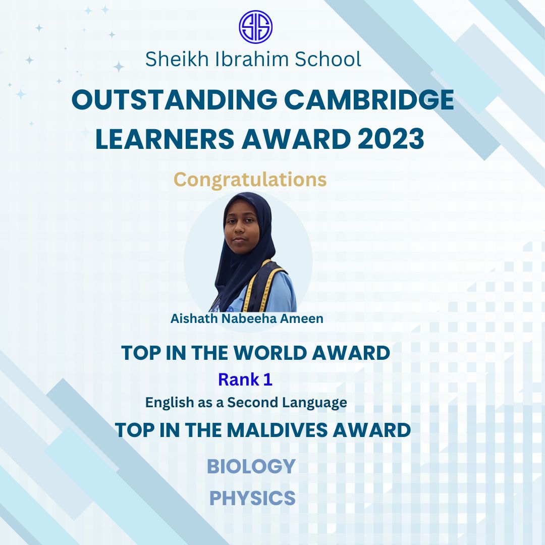 siskelaa's tweet photo. OUTSTANDING CAMBRIDGE LEARNER AWARD!!!

Hearty congratulations to Aishath Nabeeha Ameen, Koateyge, HA. Kela, for securing TOP IN THE WORLD AWARD Rank 1 in English as a Second Language &amp; TOP IN THE MALDIVES AWARD in Biology and Physics in IGCSE Cambridge Examination 2023. https://t.co/oscn4safva