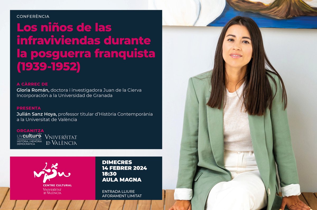PUV (@publicacionsuv) on Twitter photo Esta tarde, en <a href="/LaNauuv/">UVcultura / La Nau</a> , la autora del libro 'Franquismo de carne y hueso', Gloria Román, dará una conferencia sobre 'Los niños de las infraviviendas durante la posguerra franquista (1939-1952).
¡Será a las 18:30 en el Aula Magna! ¡Os esperamos!
puv.uv.es/libro/franquis… Esta tarde, en <a href="/LaNauuv/">UVcultura / La Nau</a> , la autora del libro 'Franquismo de carne y hueso', Gloria Román, dará una conferencia sobre 'Los niños de las infraviviendas durante la posguerra franquista (1939-1952).
¡Será a las 18:30 en el Aula Magna! ¡Os esperamos!
puv.uv.es/libro/franquis…