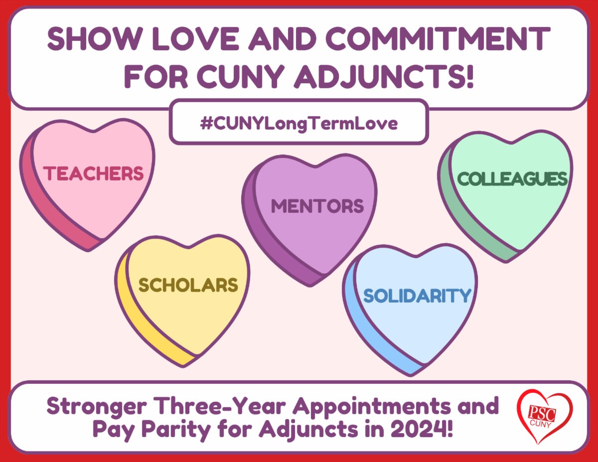 LynneCTurner's tweet photo. Adjuncts are looking for pay parity and a long-term commitment from @ChancellorCUNY this Valentine’s Day. Contract for #APeoplesCUNY #CUNYLongTermLove #AdjunctJobSecurity https://t.co/sC6RIwgSvx
