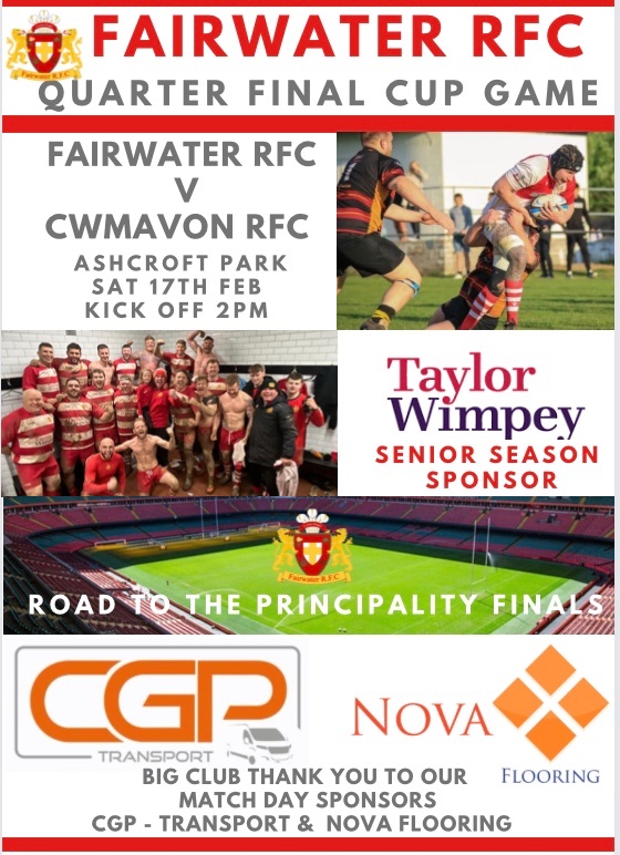 Quarter Final Cup Game, this Saturday at Home as we welcome #CwmavonRfc. Big support for the lads, with a 2pm KO - Thanks to our Season Team Sponsor #TaylorWimpeyHomes and match day sponsors #CGPTransport & #Novaflooring. @AllWalesSport