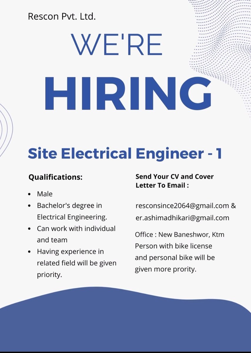 NepElectrics's tweet photo. Electrical (Site) Engineer Vacancy at RESCON PVT LTD https://t.co/piO9gvPf0Y