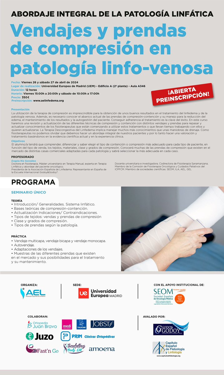 Nueva formación por vuestra petición repetida: actualización en vendajes y prendas de compresión en patología linfovenosa 

Nos vemos en abril! Reserva tu plaza desde aelinfedema.org