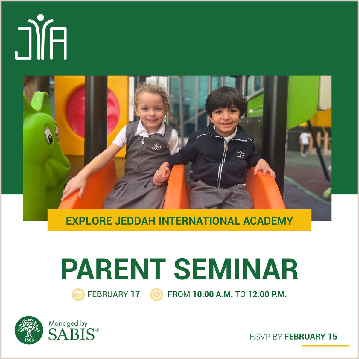 jeddahinternat2's tweet photo. New parents are invited to join us on campus for a Seminar on Saturday, February 17 to explore life at our school, tour the campus and learn more about the SABIS educational system. 
Please confirm your attendance by clicking on the link :
https://t.co/ceRVbPZUxI https://t.co/KRAechxh5z