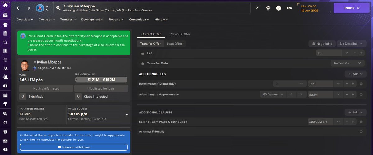 fmscout's tweet image. ⚠️ This #FM24 transfer bug was raised by @FMDirektor on SI forums yesterday. It applies to #FM23 as well.

A bid on ANY player will be accepted if you offer:
• Fee 0 
• Instalments 1k
• After League Appearances 2.1-2.9m

🤯 You can even add a clause so they pay 50% of wages.