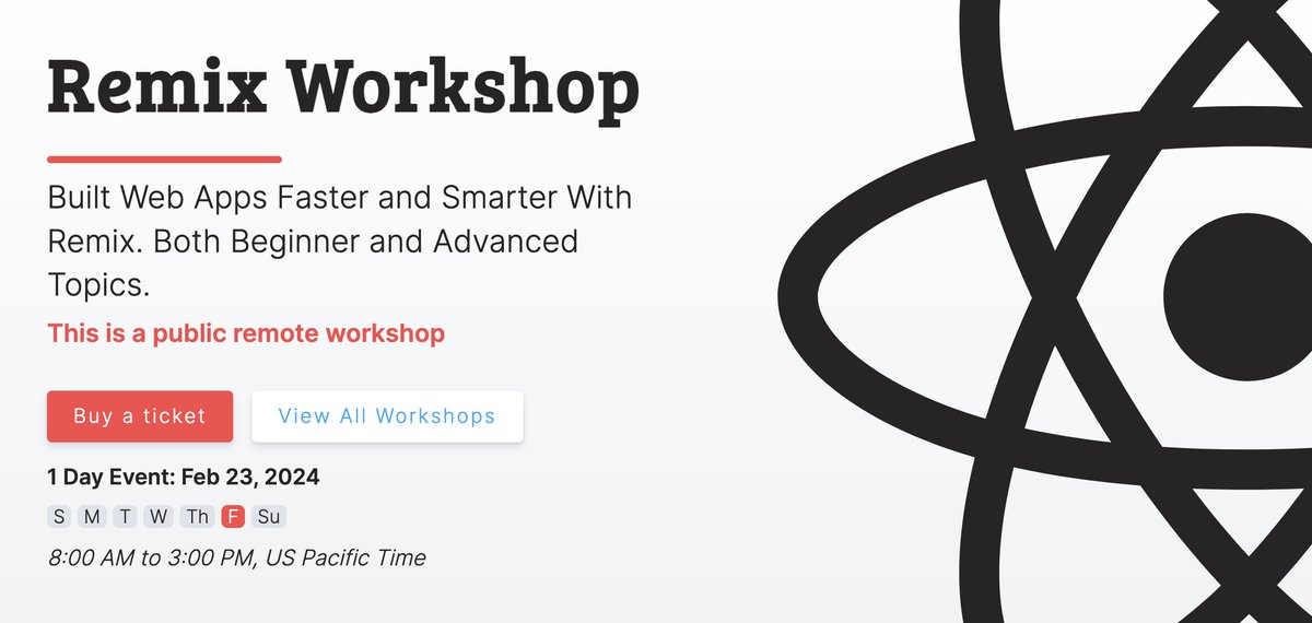 🔥Want to learn <a href="/remix_run/">Remix 💿</a> beginner through advanced topics? We have a one-day workshop next Friday! It's Remote! There's still some cheap tickets left reacttraining.com/public-worksho…