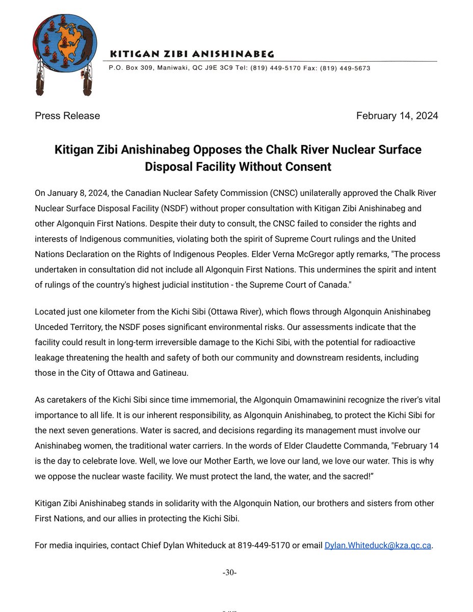 Press Release Regarding Kitigan Zibi Anishinabeg Opposes the Chalk River Nuclear Surface Disposal Facility without Consent