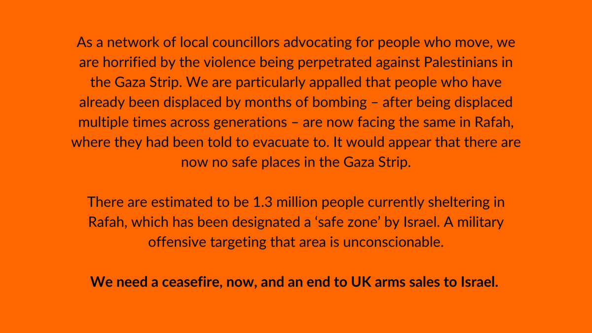 As a network of local councillors advocating for people who move, we are appalled by the prospect of a military offensive in Rafah, where so many people already displaced by the fighting are sheltering Our statement below: