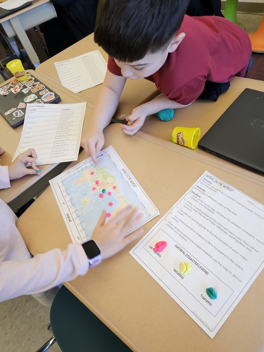 4th Graders using Play-Doh to plot earthquakes and volcanoes while learning about the Ring of Fire.