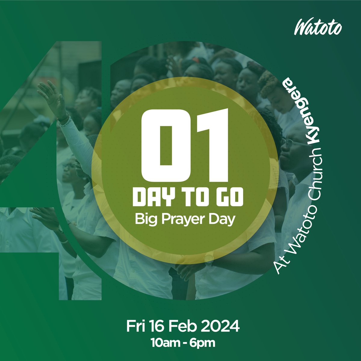 Tomorrow marks the end of our 40-day prayer &amp; fasting period, but the beginning of a new chapter filled with breakthroughs and blessings. Join us at Watoto Church Kyengera as we mark this milestone together as a church family.

#AwesomeGod #DoItAgain #Watoto40