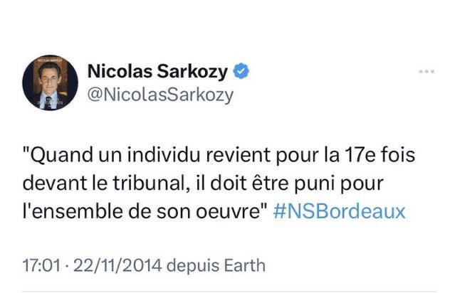 Nicolas Sarkozy (2014) : "Quand un individu revient pour la 17e fois devant le tribunal, il doit être puni pour l'ensemble de son oeuvre"
