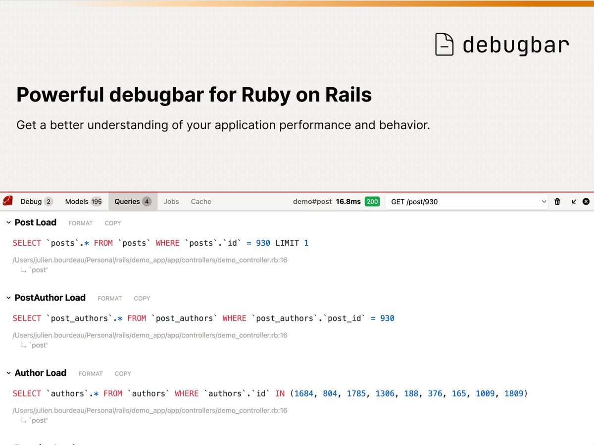 julienbourdeau's tweet image. Introducing the Rails Debugbar gem.

debugbar.dev

I&apos;ve been working on this on and off since December and I think the first version is ready.

Please try it with your @rails project and let me know! Otherwise, there is a demo on the website (not mobile friendly 🙈)