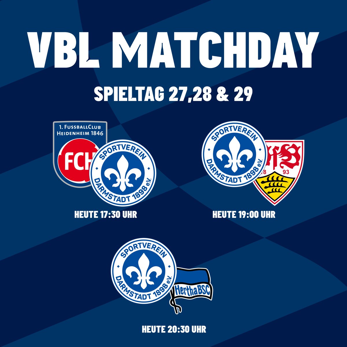 VBL MATCHDAY 27,28 &amp; 29!

🕞 17:30 Uhr
🆚 @fch1846

🕞 19:00 Uhr
🆚 @vfb_esports 

🕞 20:30 Uhr
🆚 @herthabscesport 

📺 twitch.tv/sv98_eFootball
Gecastet wird der Livestream von unserem Content Creator @benjiibl.

#DieLilien #SVDarmstadt98 #Lilien