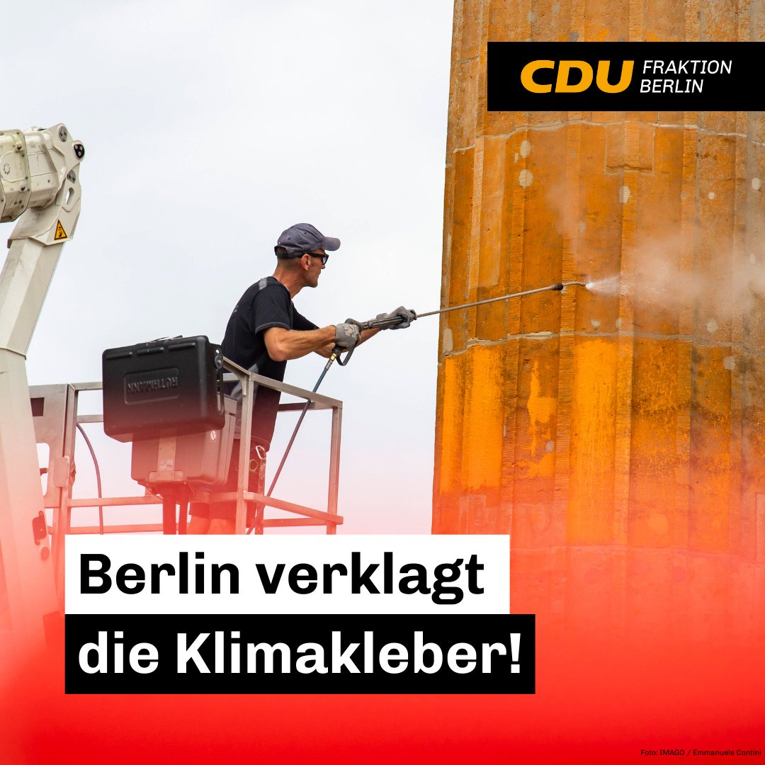 Die Kosten für die Reinigung des Brandenburger Tors dürfen nicht die Berlinerinnen und Berliner tragen. Das haben wir als CDU-Fraktion immer deutlich gemacht. Es freut uns daher sehr, dass das Land Berlin nun die Klimachaoten verklagt hat. Es ist gut, wenn der Senat nun alles…