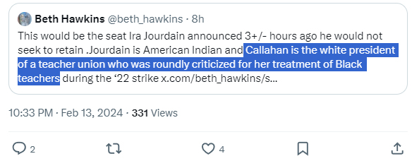 roblevine82's tweet photo. Greta Callahan has been a school board candidate for less than a day and the business philanthropy funded "journalists" are already calling her a racist.  Remember that as union prez Callahan won UNPRECEDENTED gains for teachers of color https://t.co/xk9njzXTja