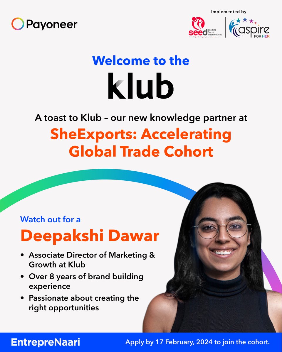 With over 1600 investment rounds, empowering 600+ startups, Klub is India’s leading revenue-based financial platforms.
Apply for the SheExports: Accelerating Global Trade cohort to learn Klub's perspectives on funding at the Masterclass by Deepakshi Dawar.
aspireforher.com/payoneer-sheex…