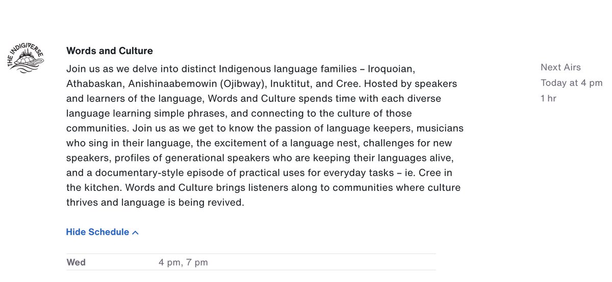 Episode 2 of Words and Culture is available today on @SIRIUSXM @Indigiverse165 4pm eastern. Today we feature a Cayuga Language group who host a Cayuga Language radio show We Are Talking on @CKRZfm siriusxm.ca/channels/the-i…