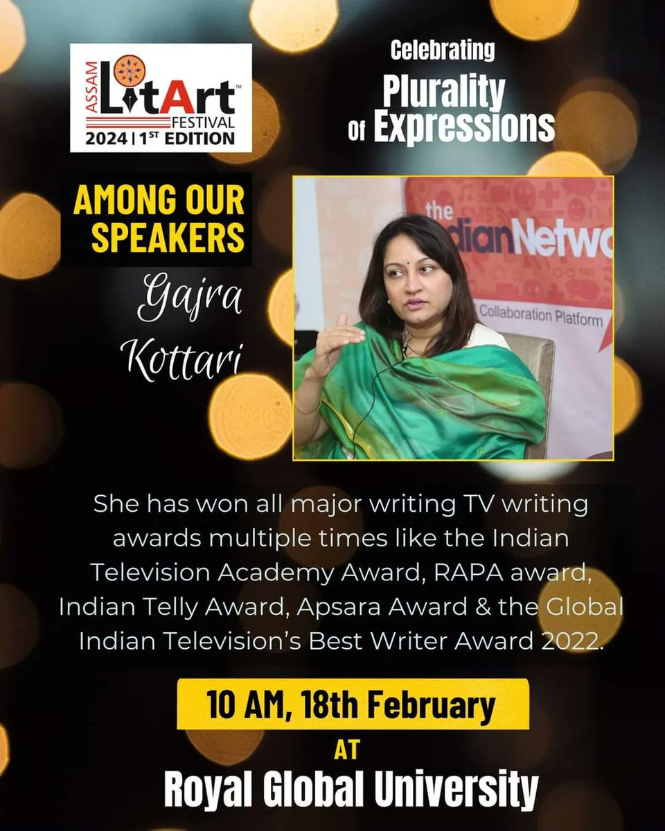 #assamlitartfest #speakers l Gajra Kottary, ✨Author of Broken Melodies, Once Upon A Star, #couplegoals , The Perfect Switch, Healing at the Movies, Not Woman Enough etc. Story & Screenplay Writer of Buddha, Balika Vadhu, Humare Tumhare and many films and TV series. #Guwahati