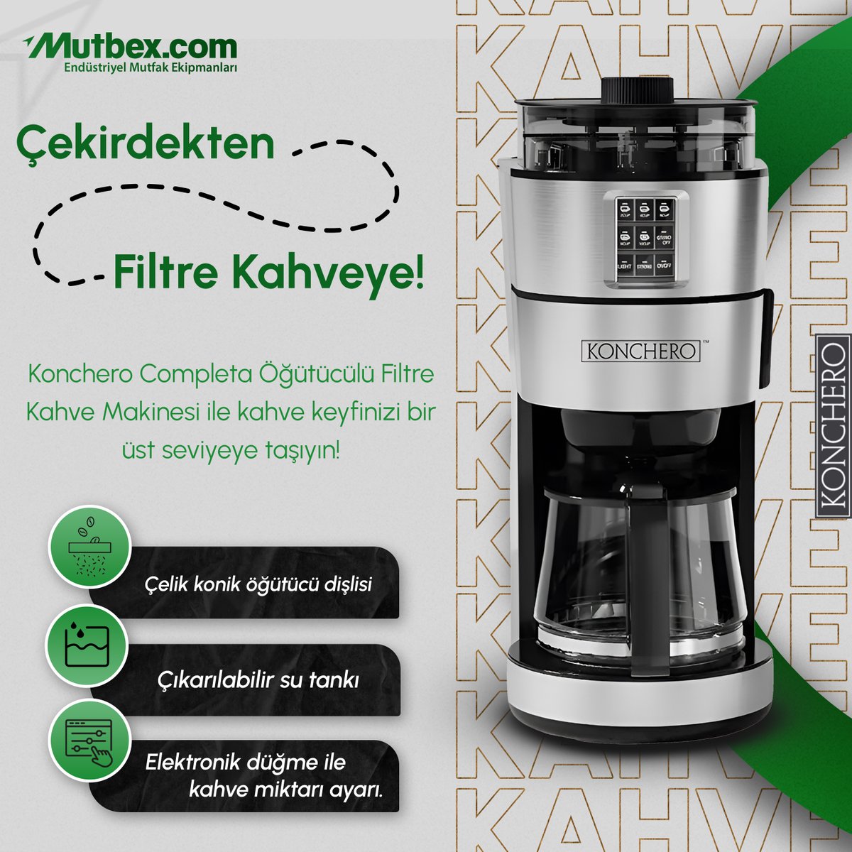 Anında öğütme özelliğiyle her kahve molasını bir lezzet şölenine dönüştürün. Efsane lezzetlerin tadını çıkarmak için şimdi Konchero ile tanışın!☕️✨

#Konchero #FiltreKahve #KahveMakinesi #ÖğütmeSanatı #AromaŞöleni #AnındaÖğütme #KahveKeyfi #LezzetinAdresi #mutbex