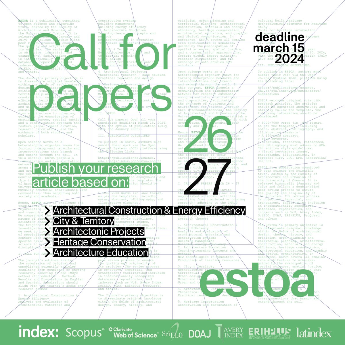 #callforpapers | #ESTOA | #cfp
The journal's editors invite the submission of original and unpublished scientific articles resulting from completed or ongoing research in English and Spanish.
➡️ publicaciones.ucuenca.edu.ec/ojs/index.php/…