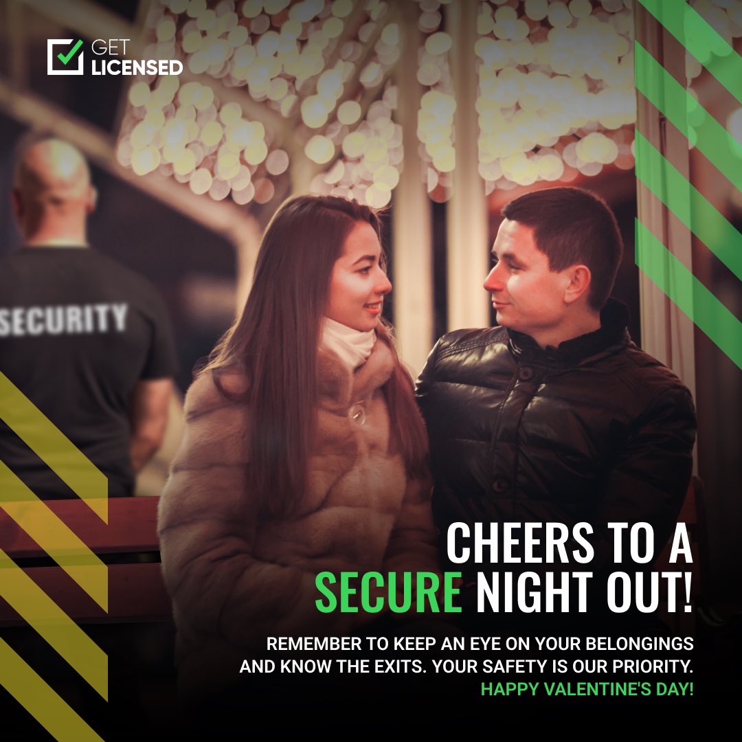 Get_Licensed's tweet photo. Cheers to a secure night out 🥂

Remember to keep an eye on your belongings and know your exits. Your safety is our priority ✅

Happy Valentine’s Day ♥️

#Valentines2024 #safenight #safety https://t.co/IfYW97zD4a