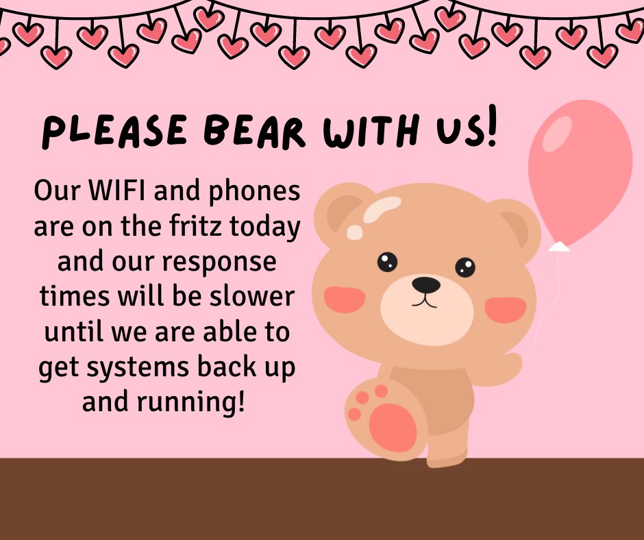 Our phone lines and internet connection are currently experiencing technical difficulties. Please bear with us during this time! We hope everyone is having a great start to their Valentine's Day! #valentinesday2024 #Wednesday #Wednesdayfeeling #Valentines2024 #Wednesdayfeeling
