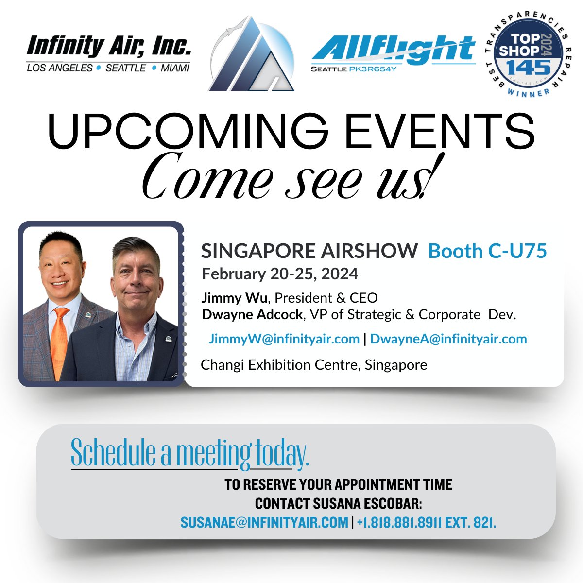 InfinityAirGRP's tweet photo. @SGAirshow is in 5 days! Schedule your meeting with Jimmy Wu and Dwayne Adcock today. Email Susana at Susana@InfinityAir.com to reserve a time slot. #SeeYouInSingapore #singaporeairshow https://t.co/jxzFeh9qEY