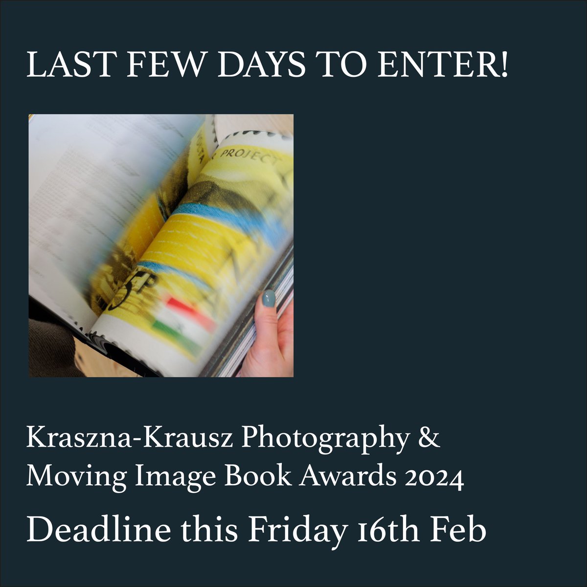 Last 3 days to enter the Kraszna-Krausz Book Awards 2024!

⏰ Deadline is midnight this 16 Feb 2024
 
Did you publish a book on photography or the moving image in 2023
 
🌟£5000 prize
🌟No entry fee
🔗 kraszna-krausz.org.uk/book-awards/ 
 
#KKBA2024 #Photobooks #MovingImage #FilmBooks