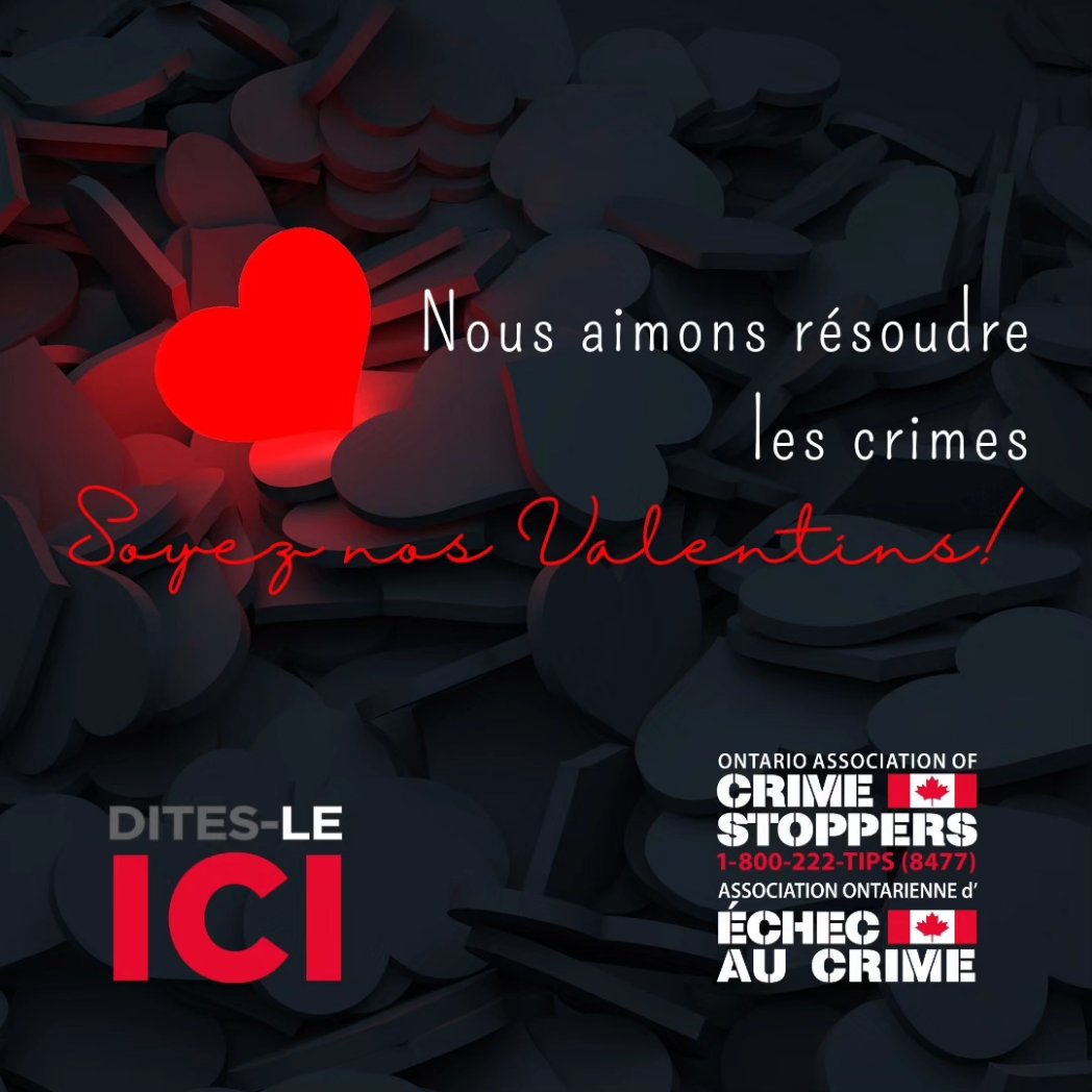 We 🥰 keeping our community safe! Love your #Ontario community anonymously and confidentially by reporting crime to #CrimeStoppers!

#SayItHere #DitesLeIci 1-800-222-TIPS ontariocrimestoppers.ca 

#CommunitySafety #ValentinesDay #Crime #safety