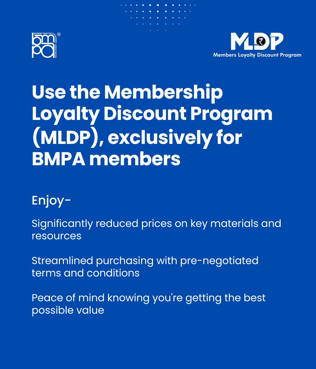 TheBmpa's tweet image. 🌟 Unlock Exclusive Deals! #MLDP offers discounts on current rates from manufacturers and suppliers; streamlined purchasing, and peace of mind! Become a member to enjoy the benefits. Visit mldp.in to see list of partners and their products.  #TeamBMPA #LetsDoMore