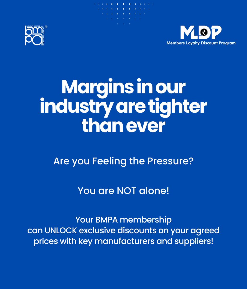 TheBmpa's tweet image. 🌟 Unlock Exclusive Deals! #MLDP offers discounts on current rates from manufacturers and suppliers; streamlined purchasing, and peace of mind! Become a member to enjoy the benefits. Visit mldp.in to see list of partners and their products.  #TeamBMPA #LetsDoMore