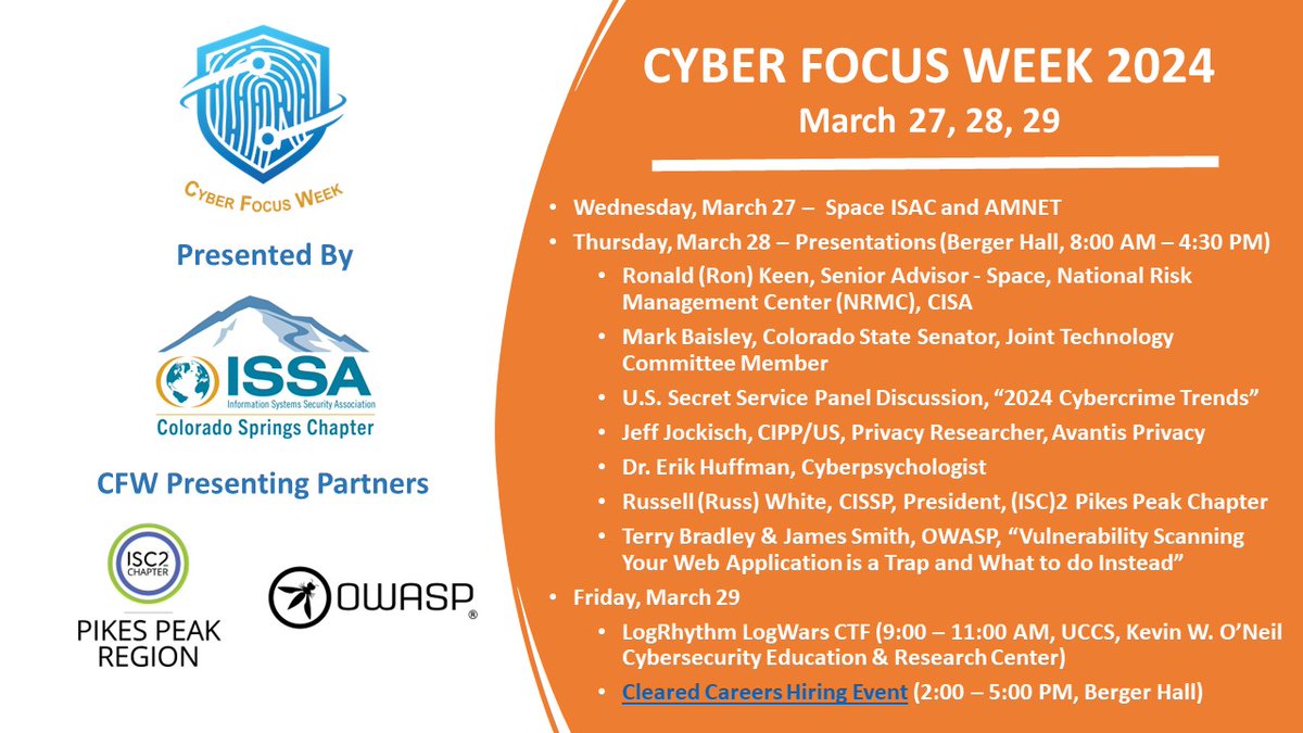 COSISSA's tweet image. ISSA Colorado Springs Chapter Cyber Focus Week registration is LIVE! Click here for more info and to register: issa-cos.org/cyber-focus-we…