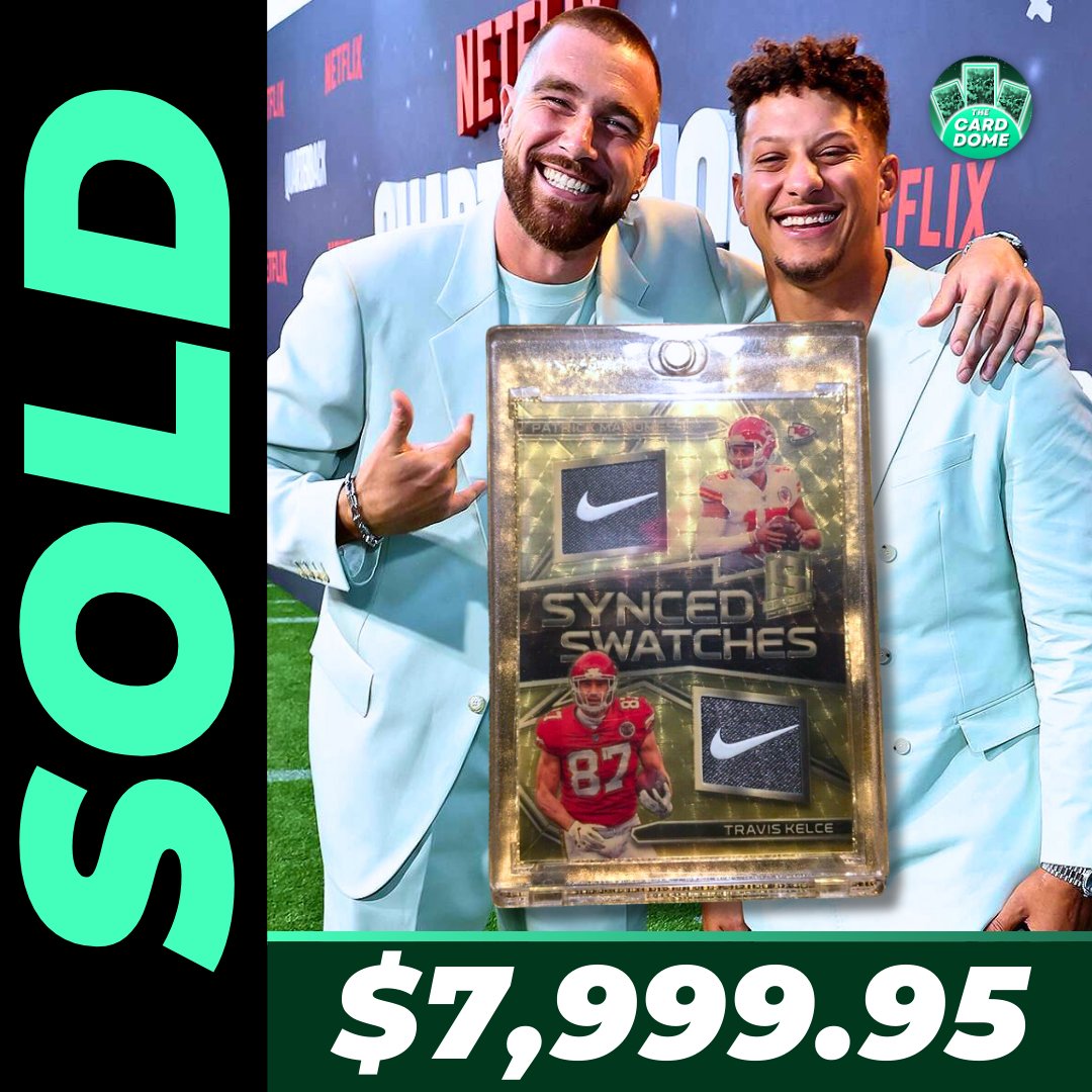TheCardDome1's tweet photo. A 2018 Panini 1/1 Patrick Mahomes x Travis Kelce Gold Vinyl Spectra Nike Swoosh sold at auction yesterday on eBay for $7,999.95! 😱 https://t.co/4gXIGPiLHq