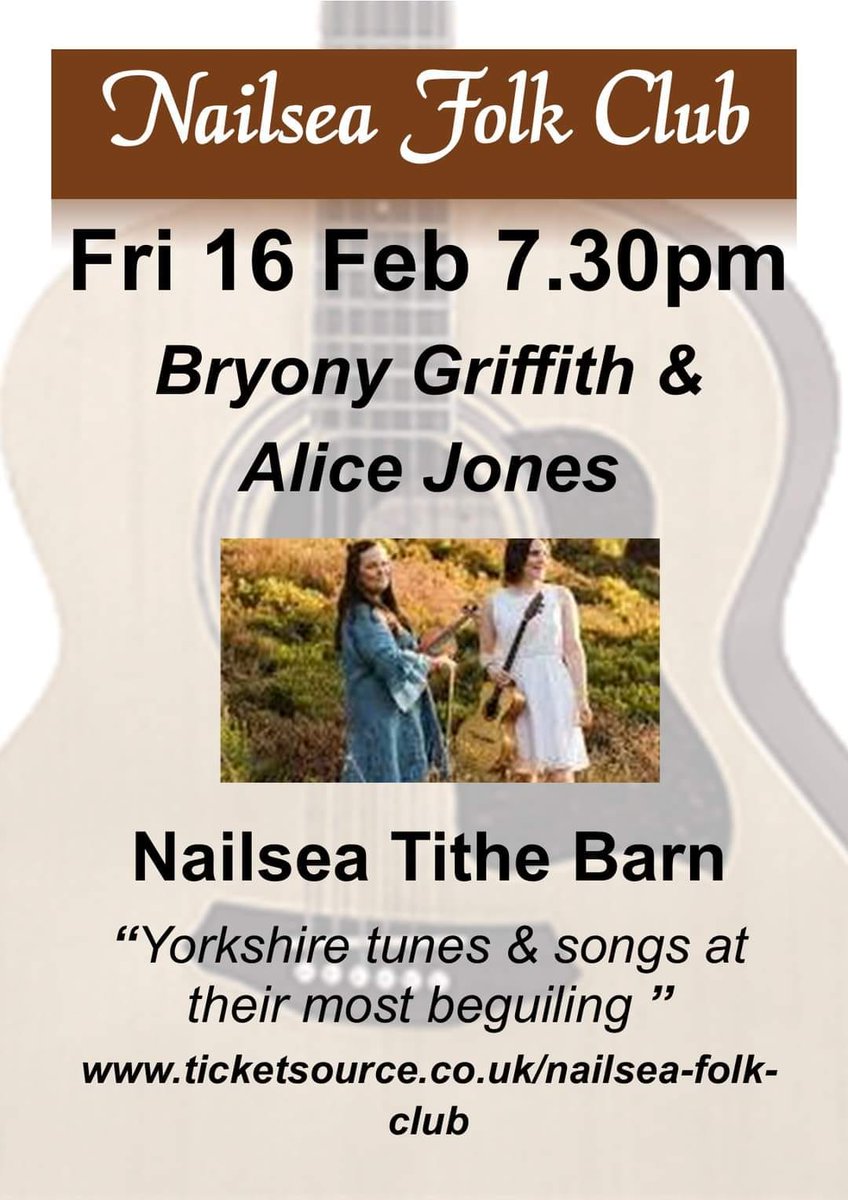 Final Wesselbobbing gig of the season with @AliceJonesMusic at @nailseafolkclub near Bristol on Friday 16th! T'would be grand to see some of you there!
ticketsource.co.uk/nailsea-folk-c…

#folksong #folkmusic #yorkshiresongs #tradsong #englishfolk #folkduo #winterfolksongs #bristolfolk