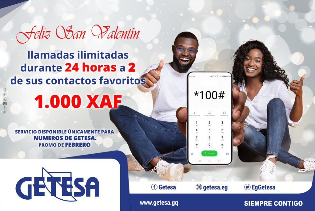 ¡LLAMADAS ILIMITADAS!📲📶📡💻

1.- Marcando el *100# 
2.- Duración: 24 h
3.- Monto: 1.000 XFA
4.- GETESA a GETESA

💙🤍💙🤍💙🤍💙🤍
GETESA LES DESEA UN 
Feliz día de san Valentín 
Happy Valentine’s Day 
Joyeuse saint Valentin
💙🤍💙🤍💙🤍💙🤍

¡GETESA SIEMPRE CONTIGO!