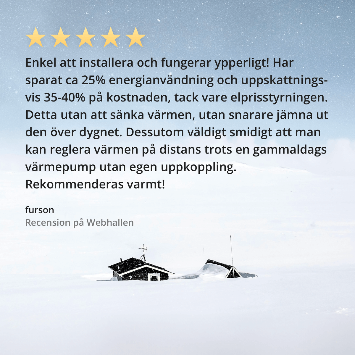 Värmer du huset när elen är som billigast?

💡 Välj enkelt din önskade temperatur 
💡 Se historisk data 
💡 Skapa planeringar när du är bortrest 
💡 Elprisstyrning (för dig som har elavtal med timpris) 

Läs mer: ngenic.se/tune/