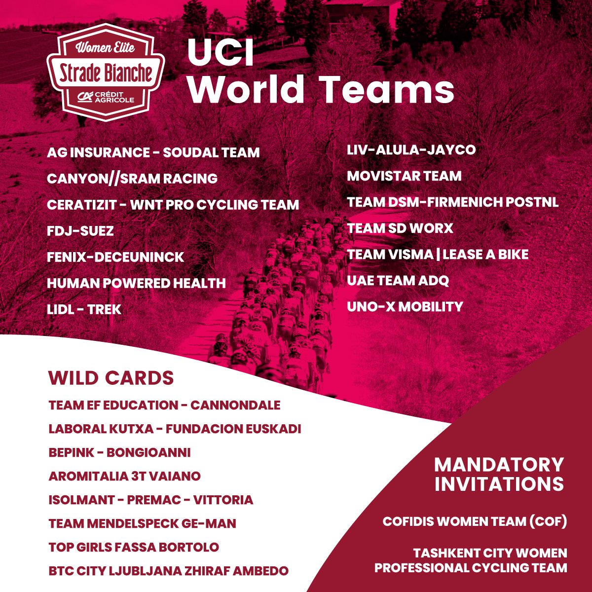 StradeBianche's tweet photo. 👇 Strade Bianche Women Elite @CA_Ita: le squadre al via 
.
👇 Strade Bianche Women Elite @CA_Ita: the teams list 

#StradeBianche https://t.co/NdhmrA3iOC