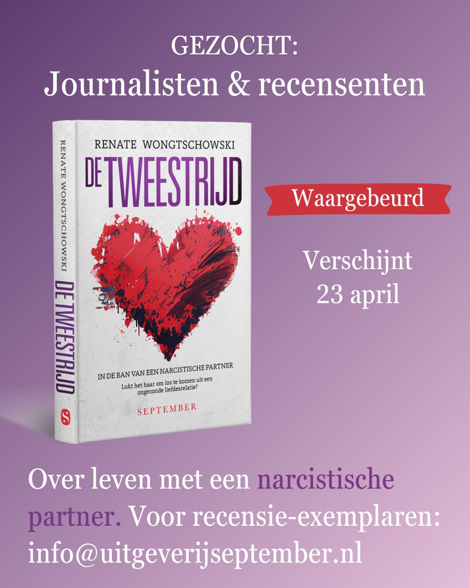 Septemberboek's tweet photo. Ben je (freelance) journalist of recensent en op zoek naar een boeiend, waargebeurd verhaal over narcisme? Dat is dit boek iets voor jou!
Meer info op: https://t.co/w8iKAcX4ka
#recensie #narcisme #narcist https://t.co/fnhO1S3HGR