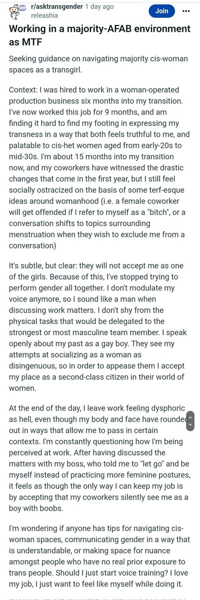 KevinaFaga's tweet photo. Man inserts himself into an all female work environment and then gets the sads because the women won't talk about their periods in front of him. Decides he will "stop trying to perform gender altogether" 😂 https://t.co/pCCpeb8WvO