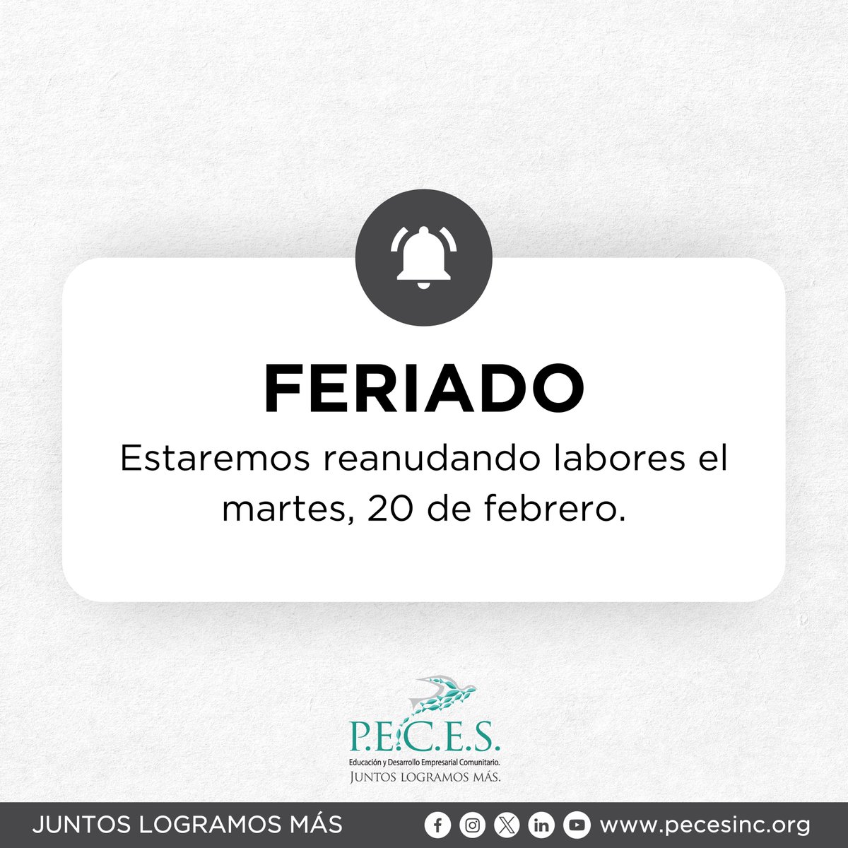 #Feriado |📣 Hoy nuestras oficinas administrativas, programas y Escuela Superior Alternativa P.E.C.E.S. permanecerán cerradas.

Estaremos reanudando labores el martes, 20 de febrero de 2024.

#JuntosLogramosMás #CreamosFuturo #TransformandoVidas