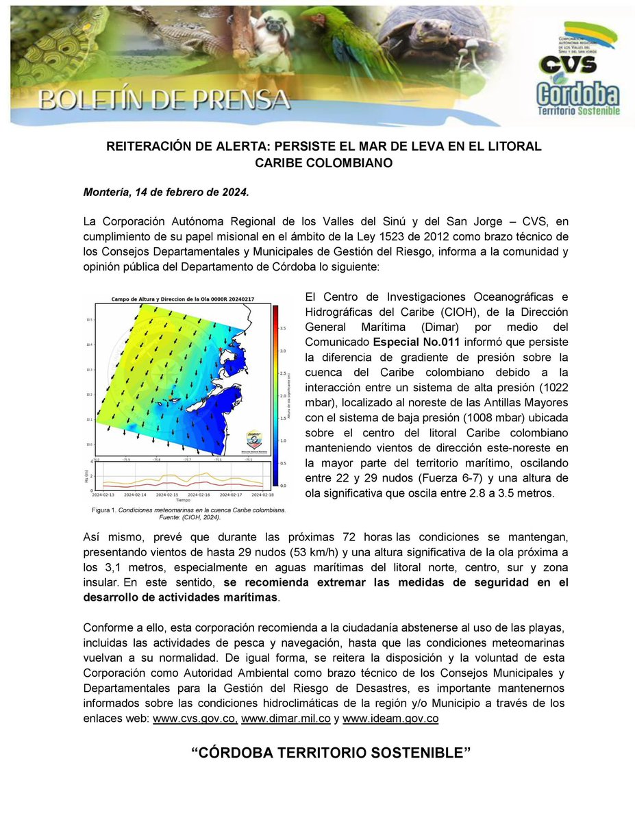 CorporacionCVS's tweet image. 🚨#ATENCIÓN REITERACIÓN DE ALERTA: PERSISTE EL MAR DE LEVA EN EL LITORAL CARIBE COLOMBIANO
 
La Corporación Autónoma Regional de los Valles del Sinú y del San Jorge – CVS, en cumplimiento de su papel misional en el ámbito de la Ley 1523 de 2012 como brazo técnico de los Consejos…